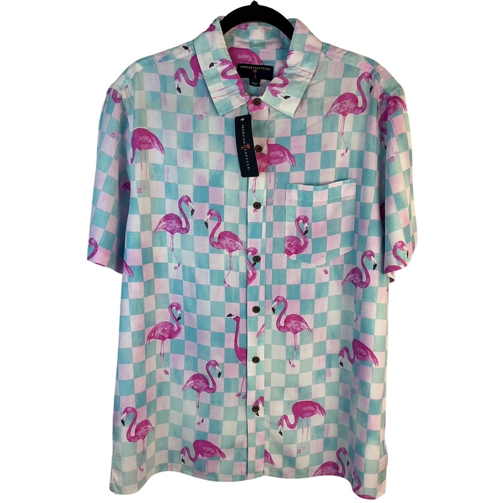 Margaritaville Flamingo Checkered Short Sleeve Button Up Shirt Small Aloha Shirt